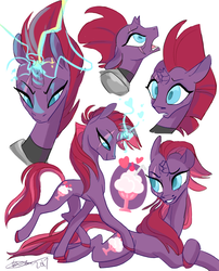 Size: 500x620 | Tagged: safe, artist:creeate97, fizzlepop berrytwist, tempest shadow, pony, unicorn, g4, my little pony: the movie, alternate hairstyle, broken horn, colored hooves, cutie mark, eye scar, facial expressions, female, floppy ears, glowing horn, good end, horn, lidded eyes, mare, open mouth, scar, simple background, smiling, solo, sparking horn, tempest's cutie mark, white background