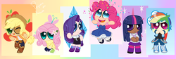 Size: 2269x761 | Tagged: safe, artist:peyumeashura, applejack, fluttershy, pinkie pie, rainbow dash, rarity, twilight sparkle, alicorn, equestria girls, g4, humane five, humane six, powerpuffified, the powerpuff girls, twilight sparkle (alicorn)