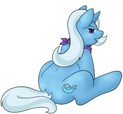 Size: 860x800 | Tagged: safe, artist:thedigodragon, trixie, pony, unicorn, g4, butt, female, looking back, mare, open mouth, plot, simple background, sitting, solo, the great and powerful ass, transparent background