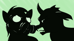 Size: 1280x710 | Tagged: safe, artist:thedigodragon, oc, oc only, changeling, pony, fanfic:in the shadow of the sun, fanfic, fanfic art, gas mask, mask, silhouette