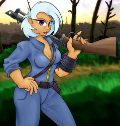 Size: 1280x1340 | Tagged: safe, artist:thedigodragon, trixie, human, g4, breasts, cleavage, fallout 4, female, gun, humanized, rifle, solo, weapon