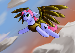 Size: 1280x900 | Tagged: safe, artist:thedigodragon, oc, oc only, oc:stiletto, pony, artificial wings, augmented, jetpack, mechanical wing, solo, wings