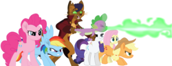 Size: 7296x2819 | Tagged: safe, artist:ejlightning007arts, applejack, capper dapperpaws, fluttershy, pinkie pie, rainbow dash, rarity, spike, dragon, pony, anthro, digitigrade anthro, g4, my little pony: the movie, behaving like a weapon, chest fluff, clothes, coat, fire, fire breath, flamethrower, flamethrower spike, simple background, transparent background, vector
