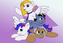 Size: 800x555 | Tagged: safe, artist:thedigodragon, oc, oc only, oc:doc wagon, oc:moonshadow, oc:stellar blaze, oc:virida dawn, pony, pony pile