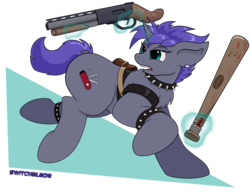 Size: 1280x990 | Tagged: safe, artist:thedigodragon, oc, oc only, oc:switchblade, pony, unicorn, baseball bat, gun, magic, shotgun, solo, telekinesis, weapon