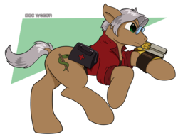 Size: 1280x990 | Tagged: safe, artist:thedigodragon, oc, oc only, oc:doc wagon, clothes, gun, solo, weapon