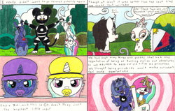 Size: 3288x2086 | Tagged: safe, artist:eternaljonathan, princess celestia, princess luna, oc, oc:nemo, alicorn, griffon, pony, comic:a new twist, g4, age regression, comic, female, filly, foal, guardian, high res, pacifier, royal sisters, traditional art, woona, younger