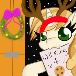 Size: 6000x6000 | Tagged: safe, artist:rainbowtashie, sweet biscuit, deer, pony, unicorn, g4, absurd resolution, adorabiscuit, antlers, christmas, christmas carol, cookie, cute, dress up, female, festive, food, holiday, mare, mouth hold, reindeer antlers, snow, solo, winter, wreath
