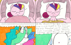 Size: 3288x2083 | Tagged: safe, artist:eternaljonathan, princess cadance, princess celestia, alicorn, pony, comic:a new twist, g4, comic, female, foal, high res, magic, mare, pillow, quilt, surprised, sweat, traditional art