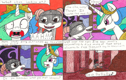 Size: 3283x2081 | Tagged: safe, artist:eternaljonathan, princess celestia, oc, oc:nemo, alicorn, dragon, pony, comic:a new twist, g4, angry, comic, digging, high res, spooked, traditional art