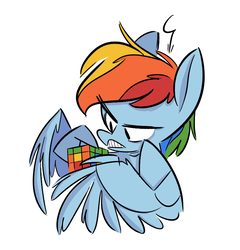 Size: 821x854 | Tagged: safe, artist:fluttershythekind, rainbow dash, pegasus, pony, g4, female, frustrated, mare, pointy legs, rubik's cube, simple background, solo, white background