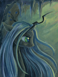 Size: 600x800 | Tagged: safe, artist:maytee, queen chrysalis, changeling, changeling queen, g4, acrylic painting, bust, cave, crown, female, horn, jewelry, regalia, solo, traditional art
