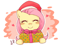 Size: 576x426 | Tagged: safe, artist:yanamosuda, fluttershy, pegasus, pony, g4, blush sticker, blushing, bust, christmas, cute, eyes closed, female, gift giving, hat, holiday, mare, portrait, present, santa hat, shyabetes, smiling, solo