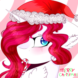 Size: 2000x2000 | Tagged: safe, artist:doux-ameri, oc, oc only, oc:button love, pony, unicorn, bust, candy, candy cane, christmas, female, food, hat, high res, holiday, mare, mouth hold, portrait, santa hat, solo