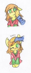 Size: 792x1852 | Tagged: safe, artist:spheedc, oc, oc only, oc:sweet corn, pony, :3, blushing, cheeks, clothes, floppy ears, head pat, looking at you, offscreen character, one eye closed, pat, simple background, smiling, solo, traditional art, white background