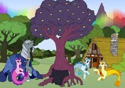 Size: 5995x4221 | Tagged: safe, artist:westphalianartist, adagio dazzle, aria blaze, sonata dusk, star swirl the bearded, pony, siren, equestria girls, g4, absurd resolution, apple, apple tree, baby siren, backstory, beard, cauldron, cloak, clothes, cloven hooves, cottage, dazzling, facial hair, family, father, father and daughter, female, food, forest, gaping, house, kettle, magician, magician outfit, male, moon, mountain, pointing, rainbow, sisters, stars, story in the source, story included, surprised, tree, wizard, worried, zap apple, zap apple tree