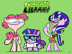 Size: 8400x6400 | Tagged: safe, artist:docwario, pinkie pie, starlight glimmer, twilight sparkle, pony, semi-anthro, g4, absurd resolution, bipedal, clothes, crossover, dee dee, dexter, dexter's laboratory, eyes closed, glasses, green background, lab coat, looking at you, mandark, necktie, open mouth, pants, simple background, skirt, smiling, standing up, style emulation