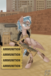 Size: 853x1280 | Tagged: safe, artist:catd, artist:catdclassic, oc, oc only, pegasus, pony, ammobox, blue eyes, desert tech mdr, glasses, gun, mre, weapon