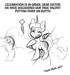 Size: 1000x1073 | Tagged: safe, artist:lil miss jay, princess luna, pony, g4, dialogue, eyes closed, fake cutie mark, female, floating horn, floating wings, horn, levitation, magic, mare, monochrome, offscreen character, paintbrush, silly, silly pony, simple background, sketch, solo, telekinesis, white background