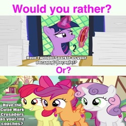 Size: 1024x1024 | Tagged: safe, edit, apple bloom, scootaloo, sweetie belle, twilight sparkle, alicorn, pony, g4, cutie mark crusaders, image macro, meme, question, text, twilight sparkle (alicorn), would you rather