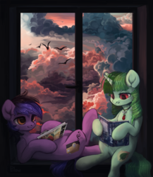 Size: 2000x2300 | Tagged: safe, artist:graypillow, oc, oc only, bird, pony, unicorn, book, cloud, commission, female, high res, mare, reading, ych result