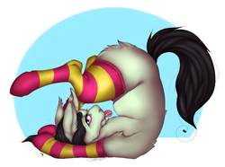 Size: 1312x977 | Tagged: safe, artist:funnymouth, oc, oc only, unnamed oc, pony, clothes, female, fluffy, frontbend, looking at you, mare, socks, solo, striped socks, tongue out