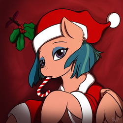 Size: 2700x2700 | Tagged: safe, artist:ruirik, somnambula, pony, g4, candy, candy cane, christmas, clothes, costume, cute, female, food, hat, high res, holiday, holly, holly mistaken for mistletoe, makeup, mare, santa costume, santa hat, solo