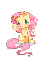 Size: 700x1000 | Tagged: safe, artist:cheli-1104, fluttershy, pegasus, pony, g4, blushing, chibi, cute, ear fluff, female, mare, prone, raised hoof, sad, shyabetes, simple background, sitting, solo, spread wings, white background, wings