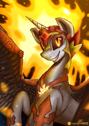 Size: 2480x3507 | Tagged: safe, artist:monochromacat, daybreaker, alicorn, pony, g4, female, high res, horn, looking at you, mane of fire, mare, smiling, solo, wings