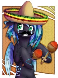 Size: 770x1024 | Tagged: safe, artist:graypillow, oc, oc only, pegasus, pony, belly button, facial hair, hoof hold, looking at you, maracas, moustache, musical instrument, solo, sombrero