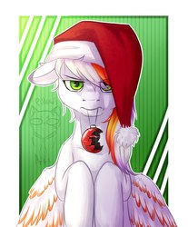 Size: 848x1024 | Tagged: safe, artist:graypillow, oc, oc only, pegasus, pony, bauble, christmas, hat, holiday, mouth hold, ornament, santa hat, solo