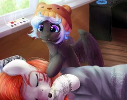 Size: 1280x1010 | Tagged: safe, artist:graypillow, oc, oc only, pegasus, pony, blanket, blushing, cute, eyes closed, face paint, female, filly, fluffy, freckles, hat, mare, mouth hold, ocbetes, on side, paintbrush, poking, sitting, sleeping, spread wings, tattoo, wings