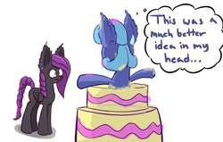 Size: 1100x700 | Tagged: safe, artist:heir-of-rick, oc, oc only, oc:razley, oc:sapphire lollipop, braid, braided ponytail, cake, colored sketch, food, impossibly large ears, popping out of a cake, surprised