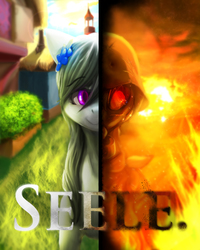 Size: 2015x2518 | Tagged: safe, artist:g-haze, oc, oc only, oc:schneeblume, earth pony, pony, fanfic:the flower mare, earth pony oc, fanfic, fanfic art, fanfic cover, fire, gas mask, high res, mask, smiling, split screen