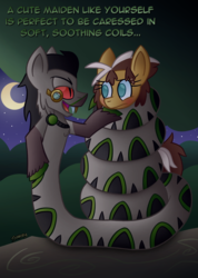 Size: 760x1065 | Tagged: safe, artist:snakeythingy, oc, oc only, oc:candied pecan, oc:monocle miracle, lamia, original species, snake pony, blushing, coils, dialogue, female, gift art, looking at each other, male, request, story included