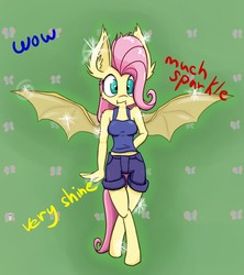 Size: 1076x1210 | Tagged: safe, artist:heir-of-rick, fluttershy, bat pony, anthro, unguligrade anthro, bats!, g4, abstract background, bat wings, big ears, clothes, crossed legs, cute, doge, ear fluff, female, flutterbat, hooves, impossibly large ears, looking at you, meme, midriff, race swap, shorts, shyabates, shyabetes, solo, sparkles, spread wings, tank top, wings