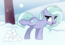 Size: 964x672 | Tagged: safe, artist:theapplebeauty, oc, oc only, oc:ice diamond, earth pony, pony, female, mare, offspring, parent:double diamond, parent:limestone pie, parents:limediamond, snow, snowball, snowball fight, solo