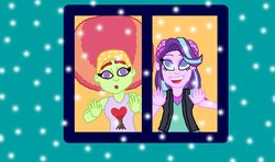 Size: 1160x688 | Tagged: safe, artist:ktd1993, starlight glimmer, tree hugger, equestria girls, g4, equestria girls-ified, female, lesbian, shipping, snow, starhugger, window