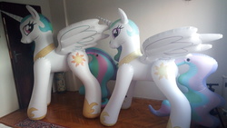 Size: 5632x3168 | Tagged: safe, artist:arniemkii, princess celestia, alicorn, inflatable pony, pony, g4, bootleg, carpet, door, duo, female, hongyi, indoors, inflatable, inflatable alicorn, irl, mare, opaque inflatable, parquet, photo, spread wings, standing, wings