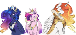 Size: 2586x1176 | Tagged: safe, artist:yuyusunshine, princess cadance, princess celestia, princess luna, alicorn, pony, g4, alternate universe, armor, brother and sister, chest fluff, crown, digital art, female, jewelry, king solaris, looking at you, male, mare, prince solaris, raised hoof, regalia, rule 63, simple background, smiling, stallion, trio, white background