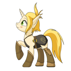 Size: 500x500 | Tagged: safe, artist:empalu, pony, unicorn, clothes, elf ears, evangelyne, female, freckles, mare, ponified, profile, raised hoof, simple background, solo, transparent background, wakfu
