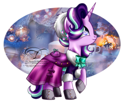 Size: 1300x1046 | Tagged: safe, artist:tiffanymarsou, starlight glimmer, pony, unicorn, g4, abstract background, clothes, female, looking up, mare, profile, raised hoof, smiling, solo