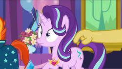 Size: 1136x640 | Tagged: safe, screencap, discord, starlight glimmer, sunburst, pony, unicorn, celestial advice, g4, balloon, equestrian pink heart of courage, female, flower, male, mare, paws, stallion, tapping