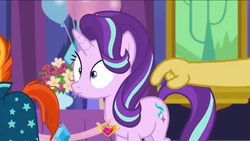 Size: 1136x640 | Tagged: safe, screencap, discord, starlight glimmer, sunburst, celestial advice, g4, balloon, equestrian pink heart of courage, flower, paws, tapping
