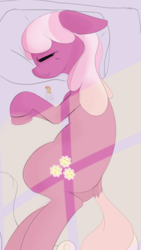 Size: 903x1598 | Tagged: artist needed, safe, cheerilee, oc, earth pony, pony, g4, bed, female, mare, micro, size difference, sleeping, tiny, tiny ponies