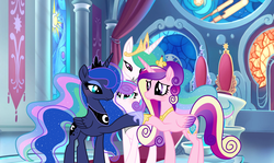 Size: 3920x2337 | Tagged: safe, artist:velveagicsentryyt, princess cadance, princess celestia, princess flurry heart, princess luna, pony, g4, my little pony: the movie, aunt and niece, auntie luna, auntlestia, female, high res, mother and daughter, movie accurate, older, royal sisters