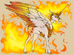 Size: 800x600 | Tagged: safe, artist:dementra369, daybreaker, alicorn, classical unicorn, pony, unicorn, a royal problem, g4, armor, cheek fluff, cloven hooves, concave belly, curved horn, fangs, female, fire, gray background, helmet, horn, large wings, leonine tail, mane of fire, mare, simple background, slit pupils, solo, spread wings, unshorn fetlocks, wings