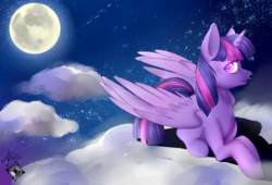 Size: 2777x1888 | Tagged: safe, artist:alexayume, twilight sparkle, alicorn, pony, g4, cloud, colored pupils, female, full moon, looking at you, mare, moon, night, prone, smiling, solo, stars, twilight sparkle (alicorn)