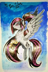 Size: 1336x1992 | Tagged: safe, artist:das_leben, oc, oc only, pegasus, pony, female, flying, mare, ponytail, solo, traditional art