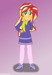 Size: 2200x3200 | Tagged: safe, artist:robukun, sunset shimmer, equestria girls, g4, clothes, cosplay, costume, daphne blake, dress, high heels, high res, pantyhose, scooby-doo!, shoes, skirt, solo
